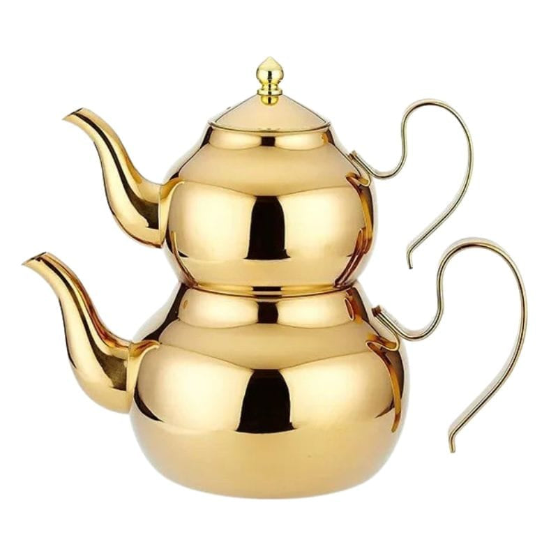 Double Théière Turque en Inox 1L + 2L 1000 ml + 2000 ml / Doré