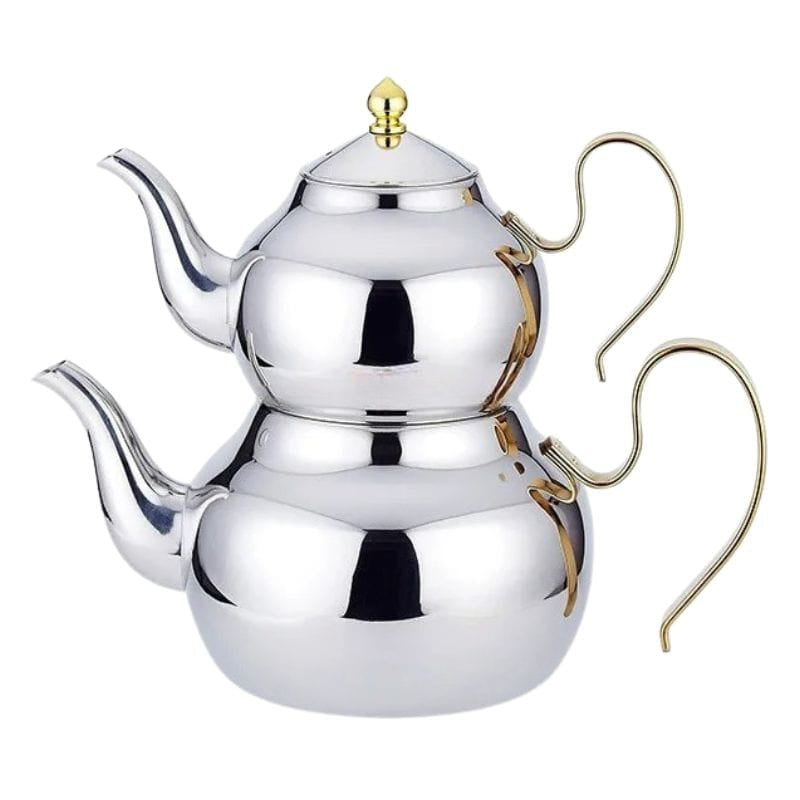 Double Théière Turque en Inox 1L + 2L 1000 ml + 2000 ml / Inox &amp; Doré